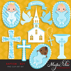Baptism Baby Boy Clipart with cute babies church dove
