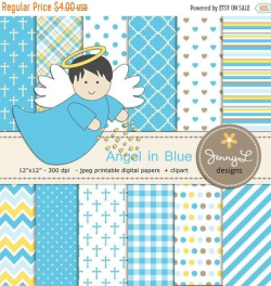 50% OFF Boy Baptism Angel Digital Papers in Blue, Angels Clipart ...