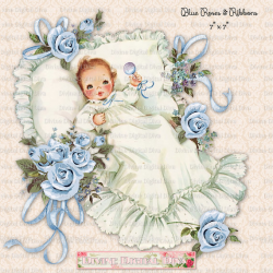 Vintage Baby Boy with Blue Roses & Ribbons Christening | Baptism ...