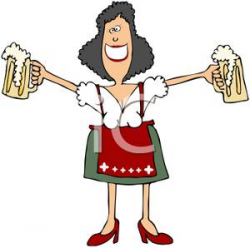 A Colorful Cartoon of a Bar Maid Holding Two Steins of Beer ...
