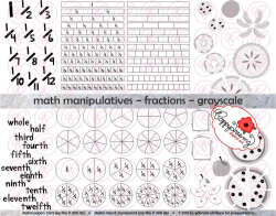 Math Manipulatives Fractions GRAYSCALE Clipart Set 300 dpi
