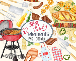 Barbecue clipart,Watercolor BBQ Grill party  clipart,Kitchen,Beer,Apron,Breakfast lunch dinner,bossgirl planner  stickers,commercial use