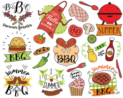 Summer BBQ Clipart, vector, barbecue clipart, summer doodle, picnic ...