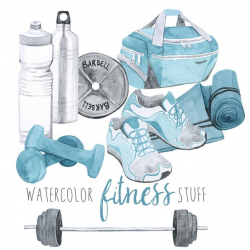 Watercolor Fitness Stuff, gym equipment clipart, Gym Bag, Barbells and  Weights clip art, Tennis Shoes, Health and Wellness Clip Art
