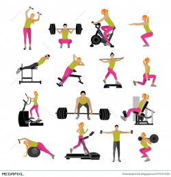 Fitness And Workout Exercise In Gym. Vector Set Of Icons Flat Style ...