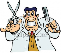 Crazed Barber Holding Shears and a Comb - Royalty Free Clipart Picture