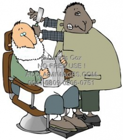 Clipart Illustration of a Barber Giving a Man a Shave and a Haircut
