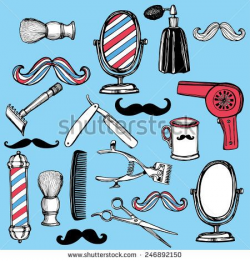 Hand drawn retro barbershop set. Scissors, razor, shaving brush ...