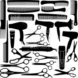 Barber (hairdressing) salon equipment - hairdryer, scissors and comb ...