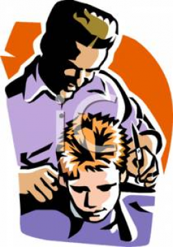 A Barber Cutting a Boys Hair - Royalty Free Clipart Picture