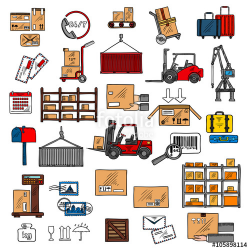 Storage and shipping icons with storage racks, forklift and hand ...