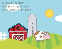 A Brown and White Spotted Cow on a Hill Near a Barn and Silo Clipart ...