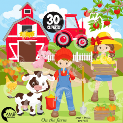 Farm Clipart, Boy and Girl Farmers, Sheep, Red Barn Vectors ...