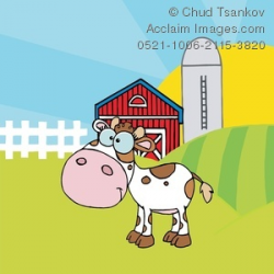 Clipart Image of A White and Brown Calf In Front of a Red Barn and a