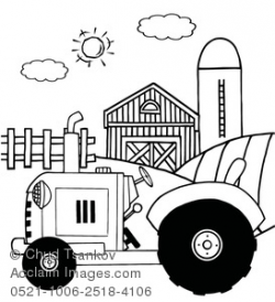 Clipart Image of Black and White Tractor In Front of a Barn and Silo