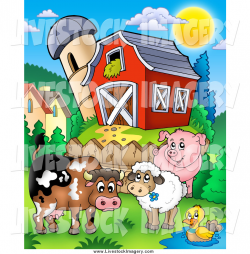 Clip Art of a Barnyard of Animals by a Fence near a Barn and Silo ...