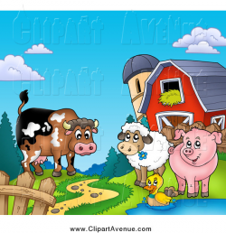 Avenue Clipart of a Happy Cow, Sheep, Duck and Pig by a Path, Silo ...