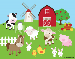 Vector illustration of farm animals such as cow, horse, pig, sheep ...