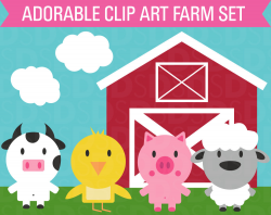 Clipart Farm Animal Set Barn Cow Chicken Sheep Pig and Clouds
