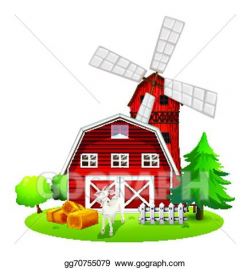 Clip Art Vector - A farm with a red house and a windmill ...