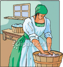 Laundress Washing Clothes In a Barrel - Royalty Free Clipart Picture