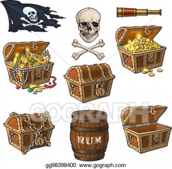 EPS Vector - Pirate objects, treasure chests, flag, rum barrel ...