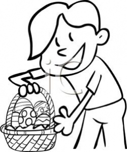 A Black and White Cartoon of a Boy Holding a Basket of Easter Eggs ...