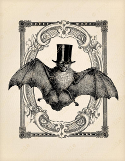 Instant Download clipart - VINTAGE Halloween Vampire BAT Top Hat Printable  Fabric Transfer Image ornate frame graphics, iron on t-shirt