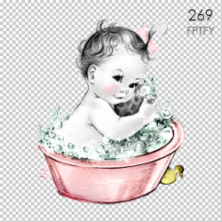 Adorable Vintage Baby Girl in Bubble Bath LARGE Digital