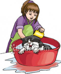 A Girl Giving A Cat A Bath - Royalty Free Clipart Picture