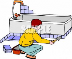 Clipart Image: A Man Putting Tile In a Bathroom