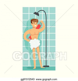 Vector Illustration - Man washing himself with washcloth in shower ...
