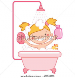 Happy cartoon baby girl kid having bath in a bathtub holding a ...