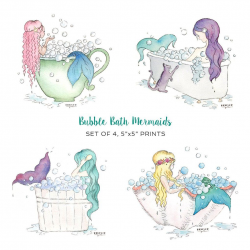 Mermaid Bubble Bath Art Prints Set of 4, 5x5 | Bathroom artwork ...