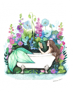 Mermaid Art Reading in Bathtub Watercolor Print
