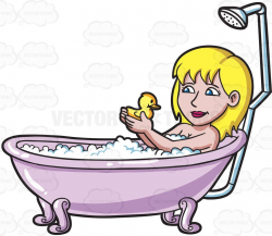 A woman playing a rubber ducky in a bathtub #cartoon ...