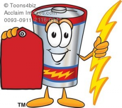 Clipart Cartoon Battery Holding a Red Price Tag