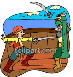 Two Pirates Sword Fighting on a Ship - Royalty Free Clipart Picture