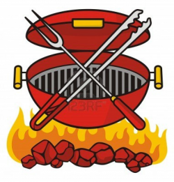 Barbeque grill over flaming charcoal with crossed fork and tongs ...