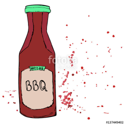 BBQ sauce bottle with splashes and stains. Hand drawn barbeque ...