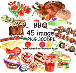 Watercolor BARBEQUE Clipart,Cook out Clipart, Food clipart, Hand ...