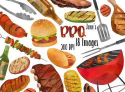 Watercolor BBQ Clipart Barbeque Items Download Instant