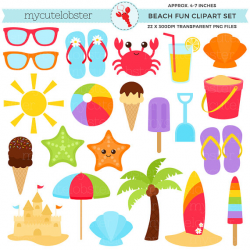 Beach Clipart Set - sandcastle, summer, sunglasses, palm tree, crab ...