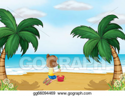 Vector Art - A little girl playing at the beach alone. Clipart ...