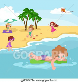 Vector Art - Fun at beach. happy kids plaing sand around water ...