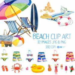 Watercolor Beach Clipart, Summer Clip Art, Beach Clip Art, Summer ...