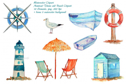 Watercolour clipart - Watercolor lighthouse, seagull, fishing boats ...