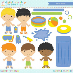 pool party digital clipart clip art boys kids swimsuit swmming toys ...