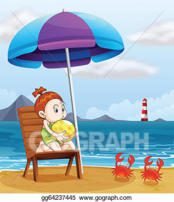 EPS Illustration - A young girl holding a beach ball at the beach ...