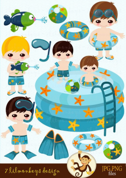 Pool Party - Lil Boys - Digital Clip Art Set - pool, beach ball ...
